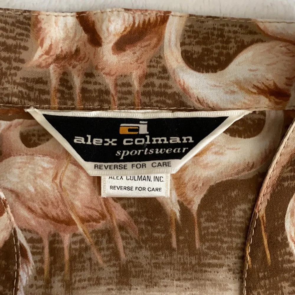 {VTG} Alex Colman Sportswear | 70s Flamingo Print Lightweight LS Pullover Blouse - Picture 8 of 16
